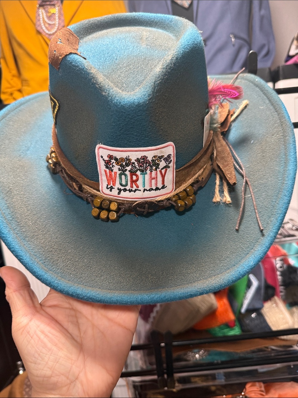 Teal Felt Western Hat with 'Worthy' Patch
